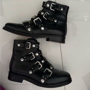 ba&sh Black Leather Combat Boots with Silver Buckles